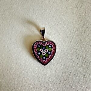 Millefiori Glass Heart Set in a Sterling Silver Frame Pendant